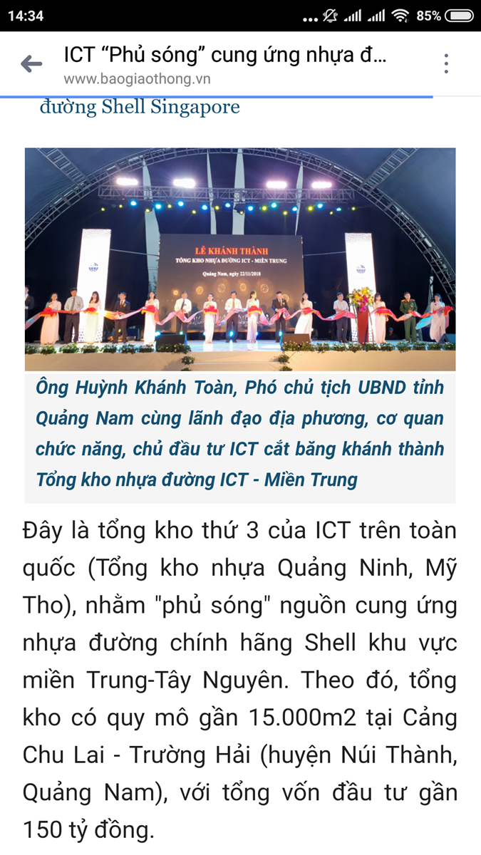Các báo đưa tin về sự kiện " Khánh thành Tổng kho Nhựa đường ICT - Miền Trung "